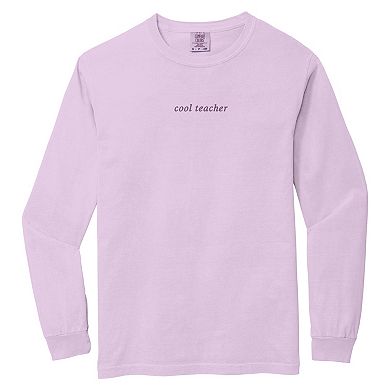 Embroidered Cool Teacher - Women's Garment Dyed Long Sleeve Graphic T-Shirt