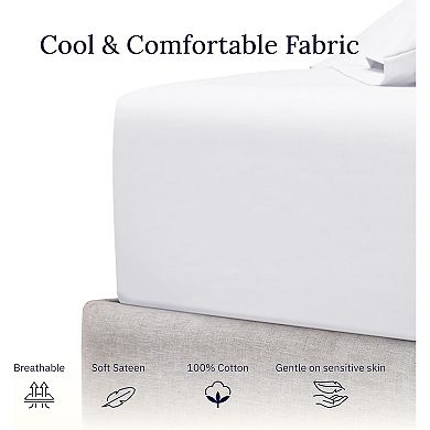 Queen Fitted Sheet Only - Cotton 400 Thread Count Sateen, Deep Pocket Fitted Sheet Queen- White