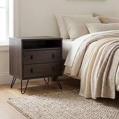 Wood and Metal Nightstand with Drawer Storage for Bedroom