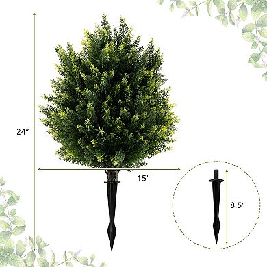 Gymax 2 Pack 24'' Artificial Cypress Topiary Ball Tree Set w/Ground Spike Decoration