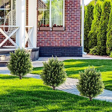 Gymax 2 Pack 24'' Artificial Cypress Topiary Ball Tree Set w/Ground Spike Decoration