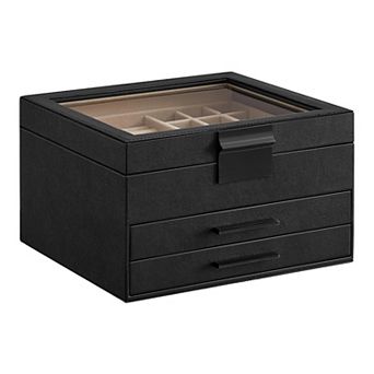 3-Layer Glass-Lid Jewelry Box Organizer 2 Drawers 8"x9.1"x5.3"