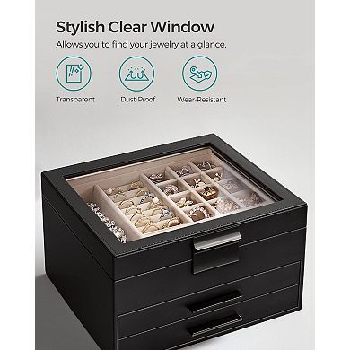 3-Layer Glass-Lid Jewelry Box Organizer 2 Drawers 8"x9.1"x5.3"