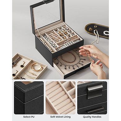 3-Layer Glass-Lid Jewelry Box Organizer 2 Drawers 8"x9.1"x5.3"