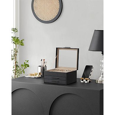 3-Layer Glass-Lid Jewelry Box Organizer 2 Drawers 8"x9.1"x5.3"