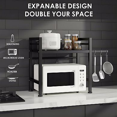 Expandable Microwave Stand with 3 Hooks for Countertop Storage