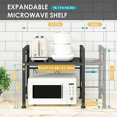 Expandable Microwave Stand with 3 Hooks for Countertop Storage