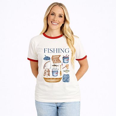 Fishing Watercolor Collage - Women's Ringer Graphic T-Shirt