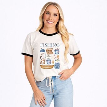 Fishing Watercolor Collage - Women's Ringer Graphic T-Shirt