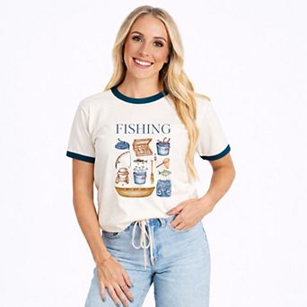 Fishing Watercolor Collage - Women's Ringer Graphic T-Shirt