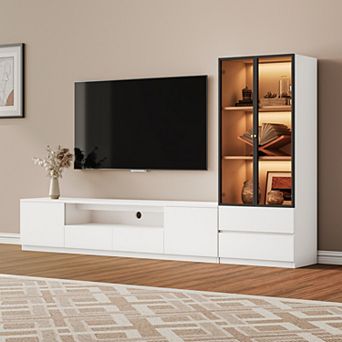 Wood Media Console Set of 2 with Storage, White TV Stand for Tvs up to 75" with Drawers for Home