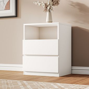 26"H End Table with Storage, Wood Bedside Table with Open Shelf, Floor Cabinet for Home and Office