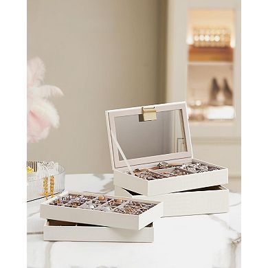 4-Tier Stackable Jewelry Organizer Glass Lid Removable Dividers Vanity Gift