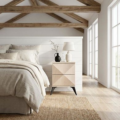 Wood Nightstand, 2 Drawers, Mid-Century Style