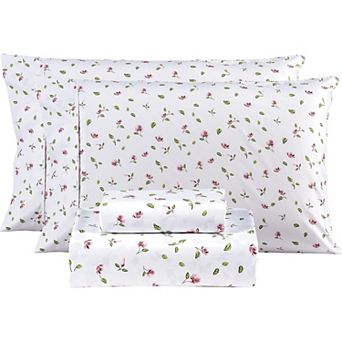 Queen Sheets Set - 4 pc Soft Breathable Microfiber Bed Sheet Set - Pink Flower Green Leaf