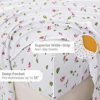 Queen Sheets Set - 4 Pieces Soft Breathable Microfiber Bed Sheet Set - Pink Flower Green Leaf