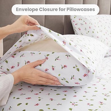 Queen Sheets Set - 4 Pieces Soft Breathable Microfiber Bed Sheet Set - Pink Flower Green Leaf