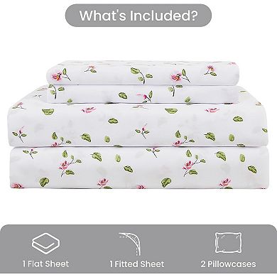 Queen Sheets Set - 4 Pieces Soft Breathable Microfiber Bed Sheet Set - Pink Flower Green Leaf