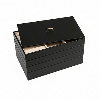 ZUQIETA 4 pc Stackable PU Leather Jewelry Tray Set with Lids, Black Drawer Organizer