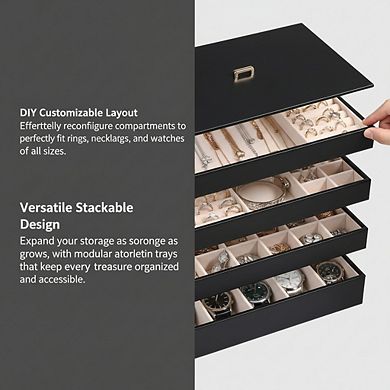 ZUQIETA 4-Piece Stackable PU Leather Jewelry Tray Set with Lids, Black Drawer Organizer