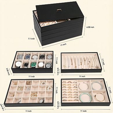 ZUQIETA 4-Piece Stackable PU Leather Jewelry Tray Set with Lids, Black Drawer Organizer