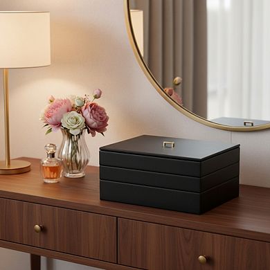 ZUQIETA 4-Piece Stackable PU Leather Jewelry Tray Set with Lids, Black Drawer Organizer