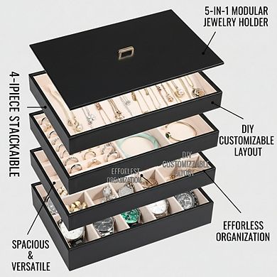 ZUQIETA 4-Piece Stackable PU Leather Jewelry Tray Set with Lids, Black Drawer Organizer