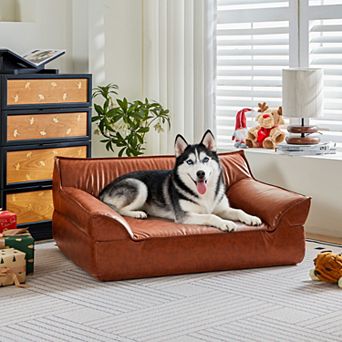 Brown Comfy Leather Dog Bed Sofa, Elevated Pet Bed Couch for Large Dogs up to 70 lbs