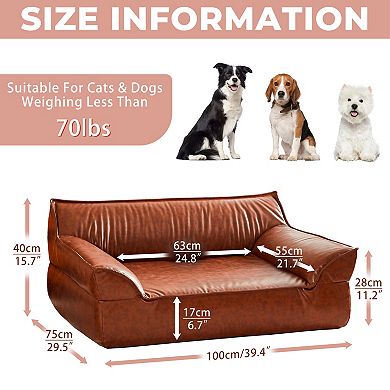 Brown Comfy Leather Dog Bed Sofa, Elevated Pet Bed Couch for Large Dogs up to 70 lbs