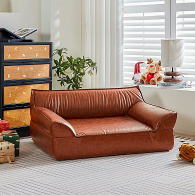 Brown Comfy Leather Dog Bed Sofa, Elevated Pet Bed Couch for Large Dogs up to 70 lbs