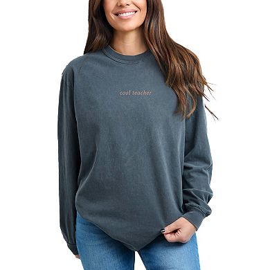 Embroidered Cool Teacher - Women's Garment Dyed Long Sleeve Graphic T-Shirt