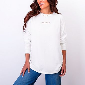Embroidered Cool Teacher - Women's Garment Dyed Long Sleeve Graphic T-Shirt