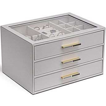 3-Drawer Glass Top Jewelry Box Organizer for Women Rings Necklaces Earrings Gift