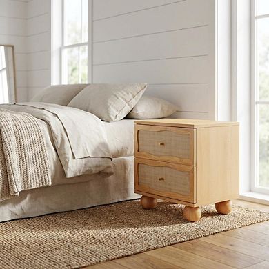 Wood and Rattan Wavy Nightstand with Soft Close Drawers