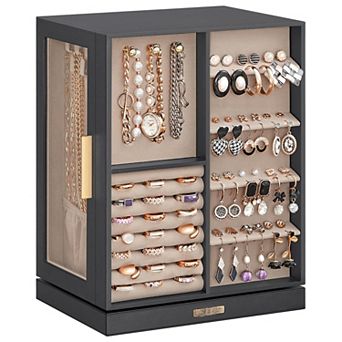 360° Rotating Jewelry Box 5 Drawers Glass Window Necklace Hooks