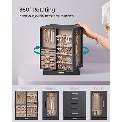 360° Rotating Jewelry Box 5 Drawers Glass Window Necklace Hooks