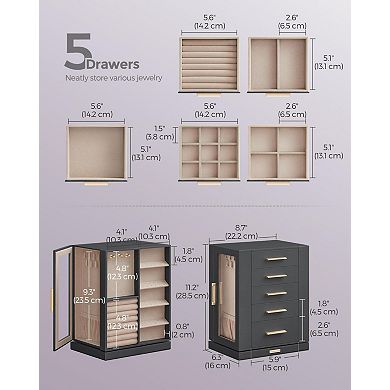 360° Rotating Jewelry Box 5 Drawers Glass Window Necklace Hooks