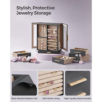 360° Rotating Jewelry Box 5 Drawers Glass Window Necklace Hooks