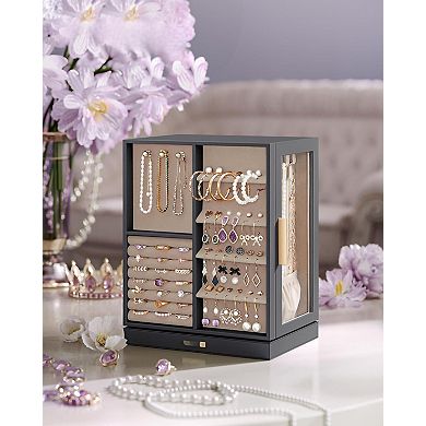 360° Rotating Jewelry Box 5 Drawers Glass Window Necklace Hooks