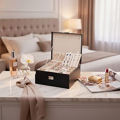 ZUQIETA 2-Layer Leather Jewelry Organizer for Women with Removable Pad, Black