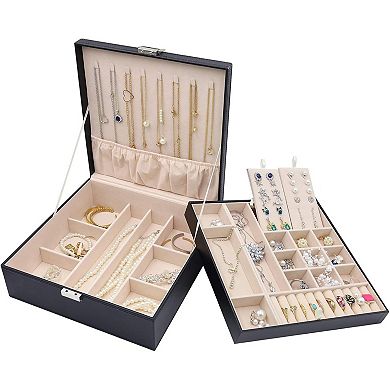 ZUQIETA 2-Layer Leather Jewelry Organizer for Women with Removable Pad, Black