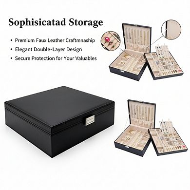 ZUQIETA 2-Layer Leather Jewelry Organizer for Women with Removable Pad, Black