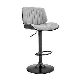 Adjustable Gray Faux Leather Bar Stool with Walnut Wood and Black Base