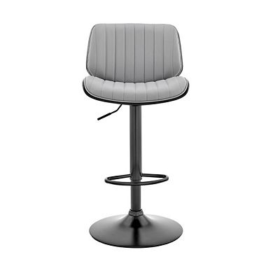 Adjustable Gray Faux Leather Bar Stool with Walnut Wood and Black Base