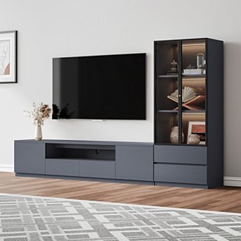 102.4'' Gray Entertainment Center for TVs up to 75", Media Console Set of 2, TV Stand With Storage
