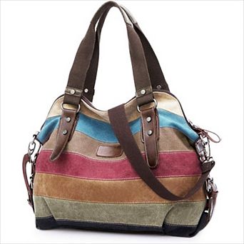 Canvas Handbag with Multi Color Striped and Lattice Design Cross Body