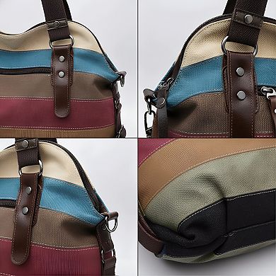 Canvas Handbag with Multi Color Striped and Lattice Design Cross Body