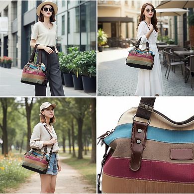 Canvas Handbag with Multi Color Striped and Lattice Design Cross Body