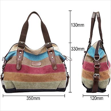 Canvas Handbag with Multi Color Striped and Lattice Design Cross Body