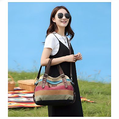 Canvas Handbag with Multi Color Striped and Lattice Design Cross Body